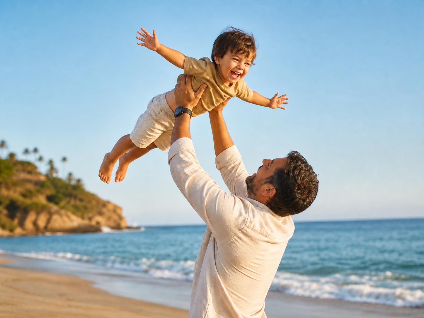 A parent lifting a child while playing outside