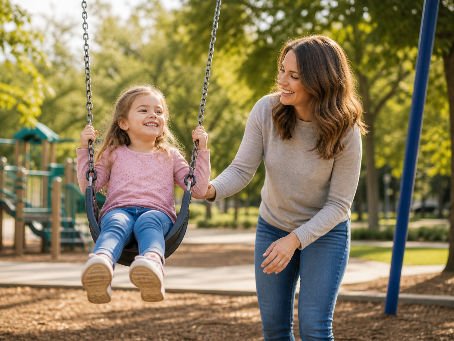 A mother and daughter at a park swing